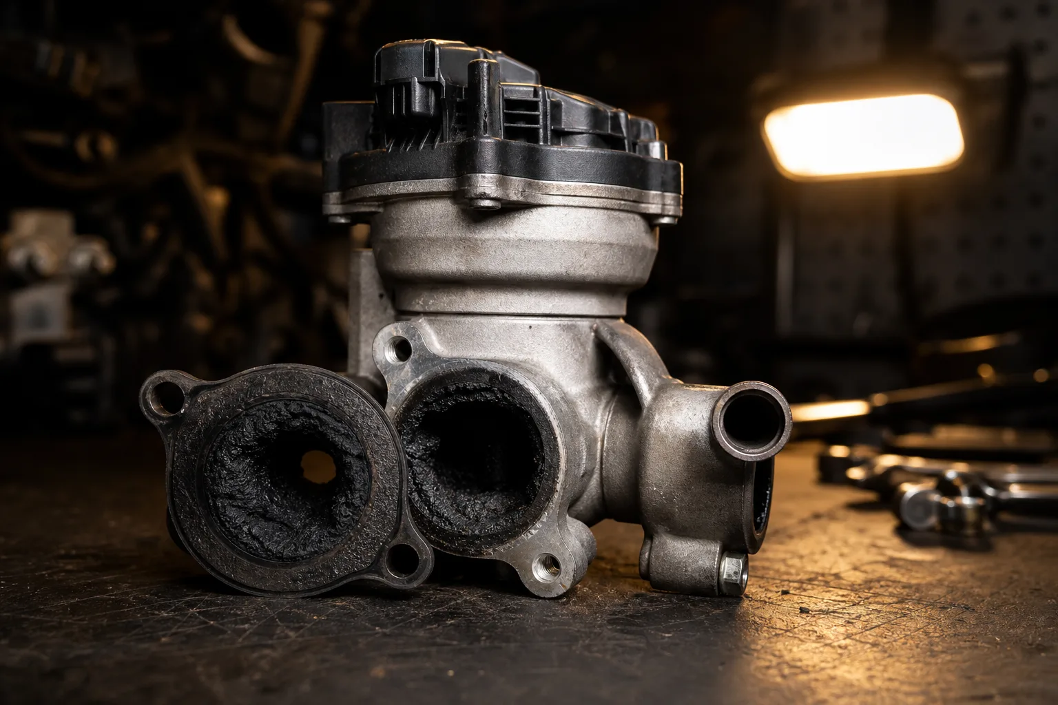 EGR valve assembly removed from engine bay for diagnostic inspection, 1200x675 pixels