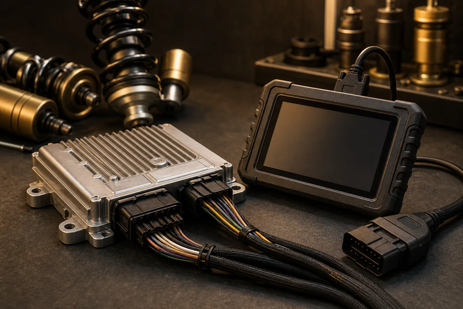 Electronic adaptive suspension control module connected to diagnostic equipment, 1200x675 pixels