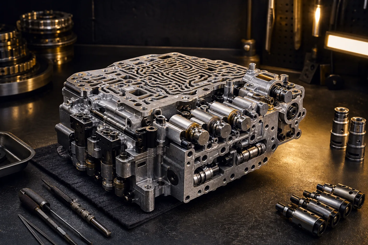 Automatic transmission hydraulic block on a workshop bench during inspection, 1200x675 pixels