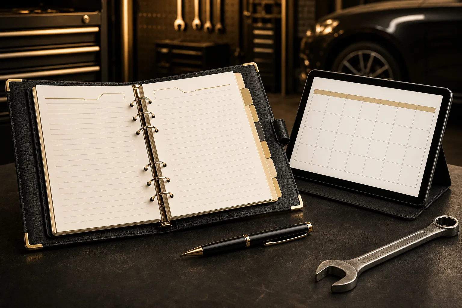 Printed and digital vehicle service record with maintenance history entries, 1200x675 pixels
