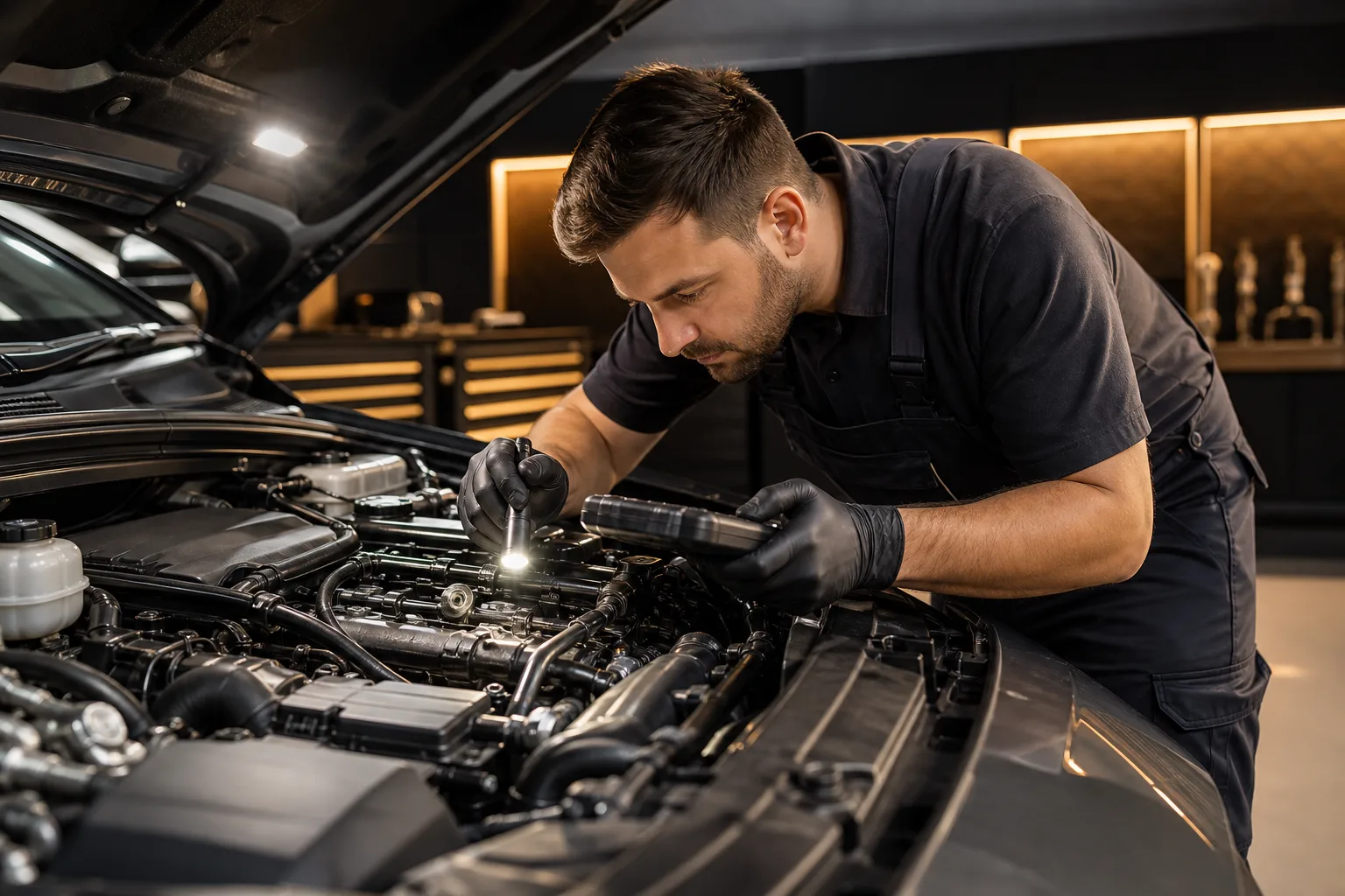 Technician performing detailed vehicle inspection under workshop lighting, 1200x800 pixels
