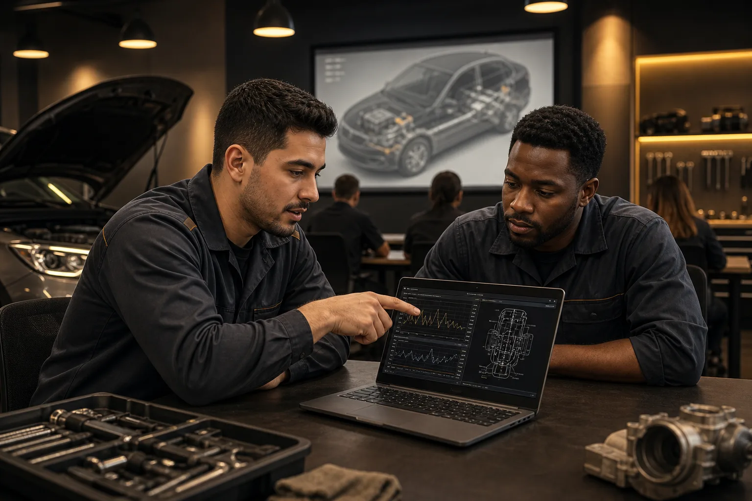 Technicians reviewing diagnostic data during an internal training session, 1200x800 pixels