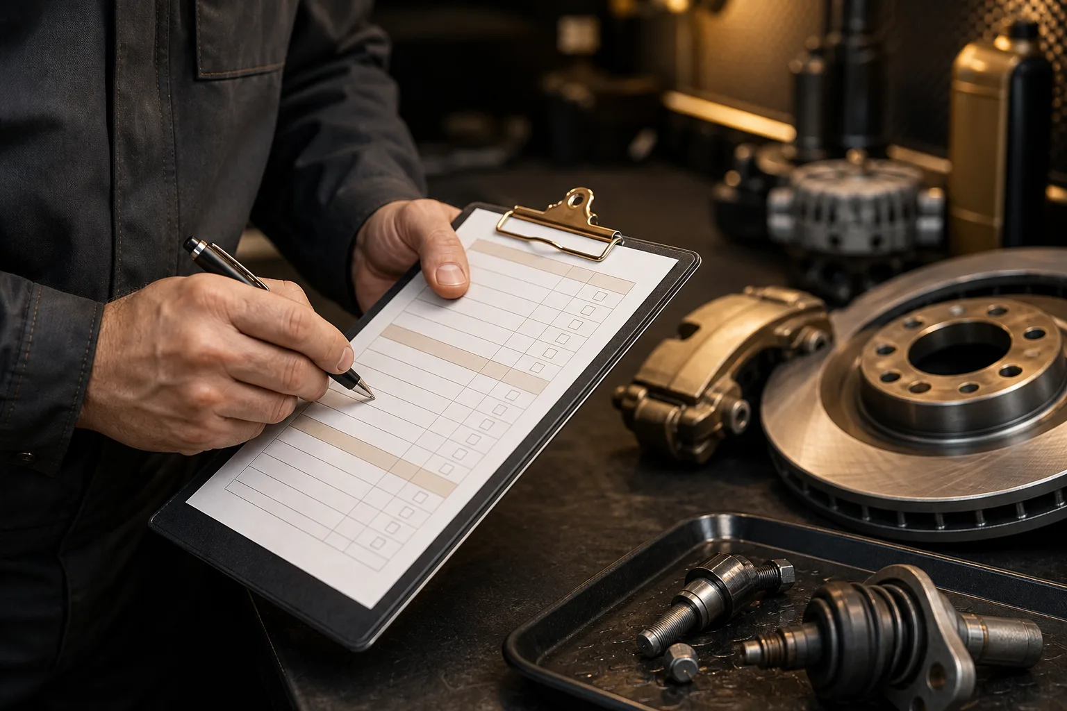 Close view of technician verifying repair specifications on a service checklist, 1200x800 pixels